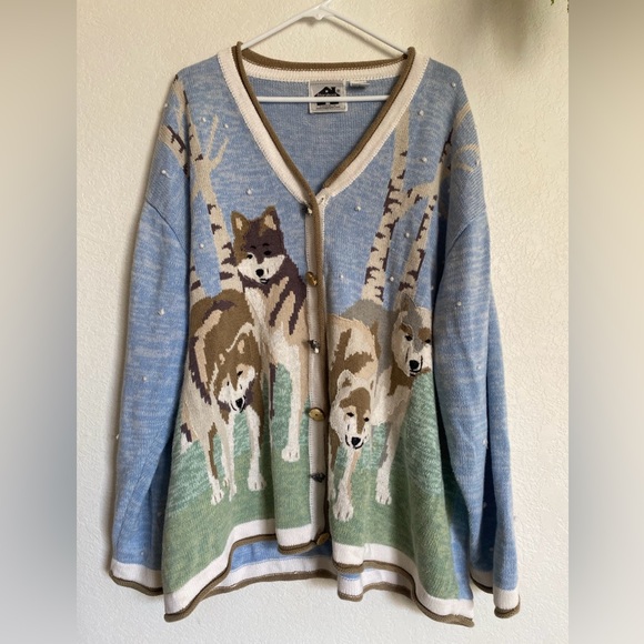 Storybook Knits Sweaters - Storybook Knits Wolf Forest Snow Scene Cardigan Sweater Blue SZ 3XL